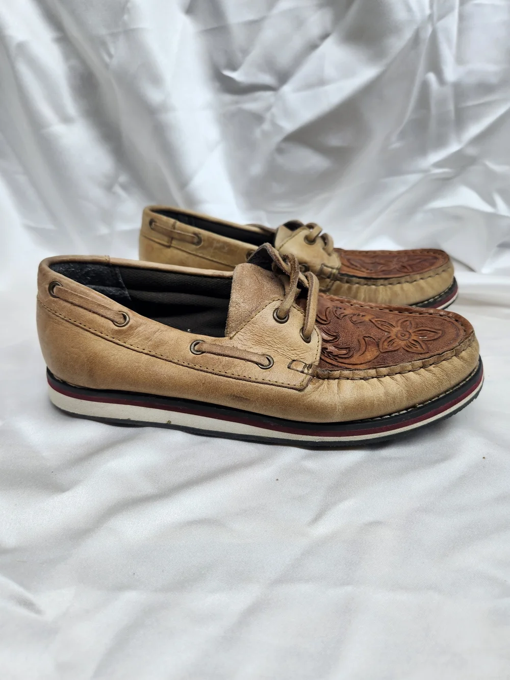 Roper Two-Tone Floral Embossed Leather Boat Shoes - Tan/Brown